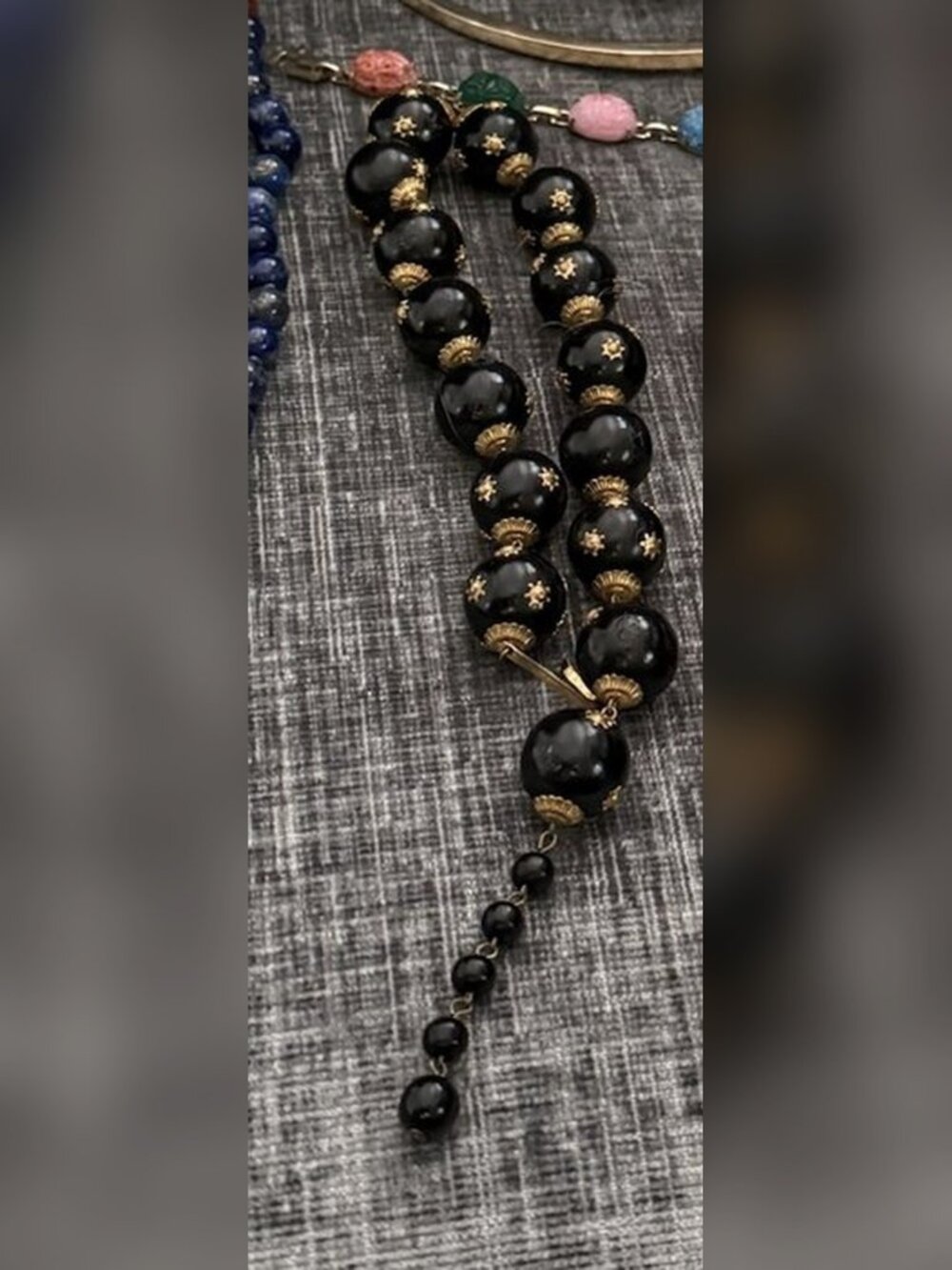 Vintage Black Glass Bead Necklace with Gold Stars